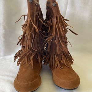 Fringe Suede Mid-Calf Boots - Brown